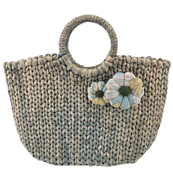 Coastal Cottage Woven Straw Flower Embellished Handbag Purse Ann Taylor - Picture 1 of 11
